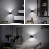 Three different settings with wall-mounted lights labeled 'Stairs', 'Bathroom', and 'Living room'.